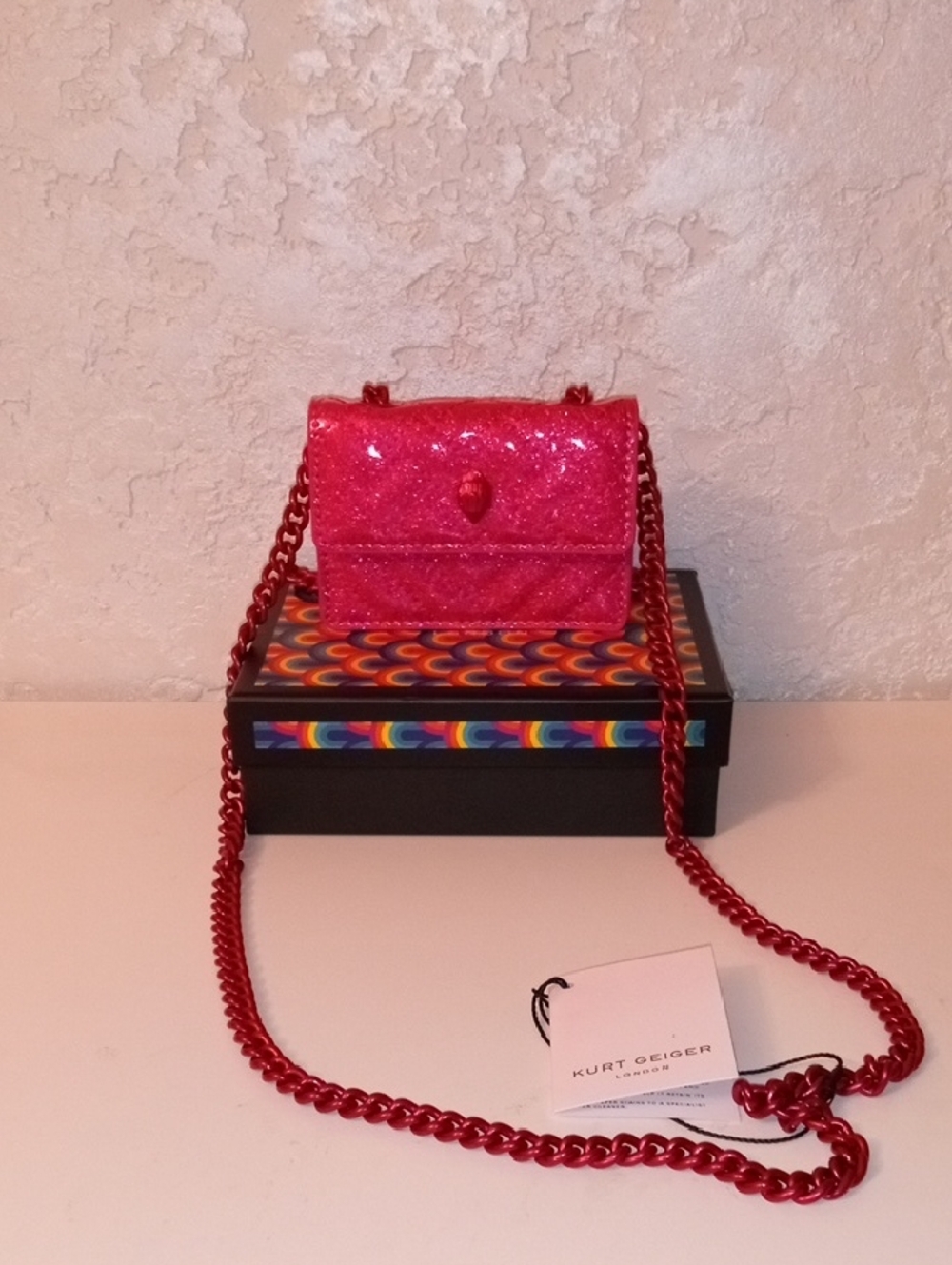 Kurt Geiger Hot Pink Glitter Crossbody with Red Chain